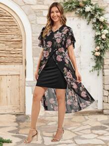 Conjunto informal de 2 en 1 de verano con estampado floral elegante de gasa asimétrico