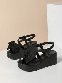 Women's Summer Sweet Bow Cross Elastic Wedge Sandals, Thick Sole, Polyurethane Lightweight Bottom, Versatile Elegant Style For Daily Wear And Vacation - Black - View 7