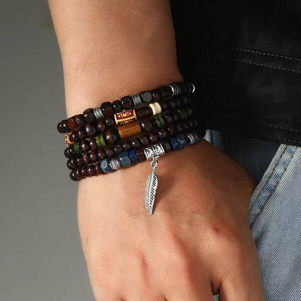 5 قطع/مجموعة من الخيط المطاطي الحبل السوار الملون بالخرز والريش المصنوعة من سبيكة على الطراز البوهيمي، وخرز خشبي كمجموعة أساور للرجال متعددة الطبقات،هدية عيد الميلاد ورأس السنة وعيد الحب