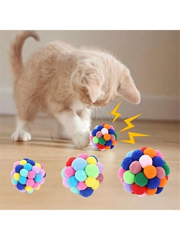 Presente para animais de estimação SHEIN2025! Bola de pelúcia colorida com vocais - Brinquedo para gatos que se auto-provocam | Ferramenta interativa para provocar gatos Bell