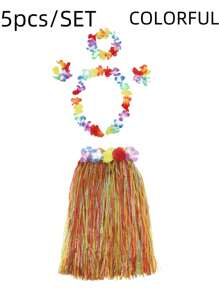 5Pcs/Set Hawaiian Outfits Tropical Party Straw Skirt Set - Perfect For Masquerade, Grass Skirts For Luau Party Adult,Summer Parties, And Birthdays