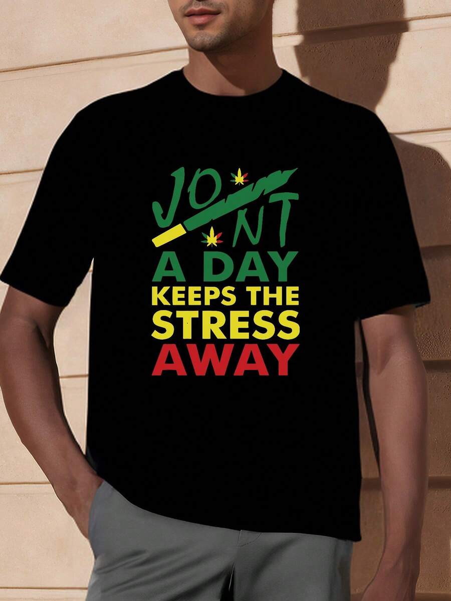 Boys Girls Children Teenagers Black T-Shirt Daily "Relax Stick" Print Style, 100% Cotton Casual Style, Direct Injection Technology For Realistic Print Effect, Crew Neck Design Machine Washable. Super Comfortable For Everyday Wear, Suitable For Events, Gatherings, And Outdoor Sports. It's A Versatile Top That Suits All Seasons. - Black - View 1