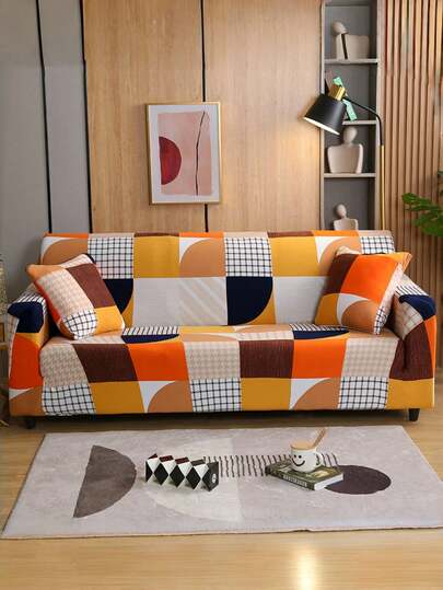 1pc Stylish Sofa Cover Anti-Slip Stretch Milk Silk Fabric Pet Proof Sofa Slipcover Print Geometric Pattern For 1-4 Seater Regular Sofa, All Season (Pillow Cover Not Included)