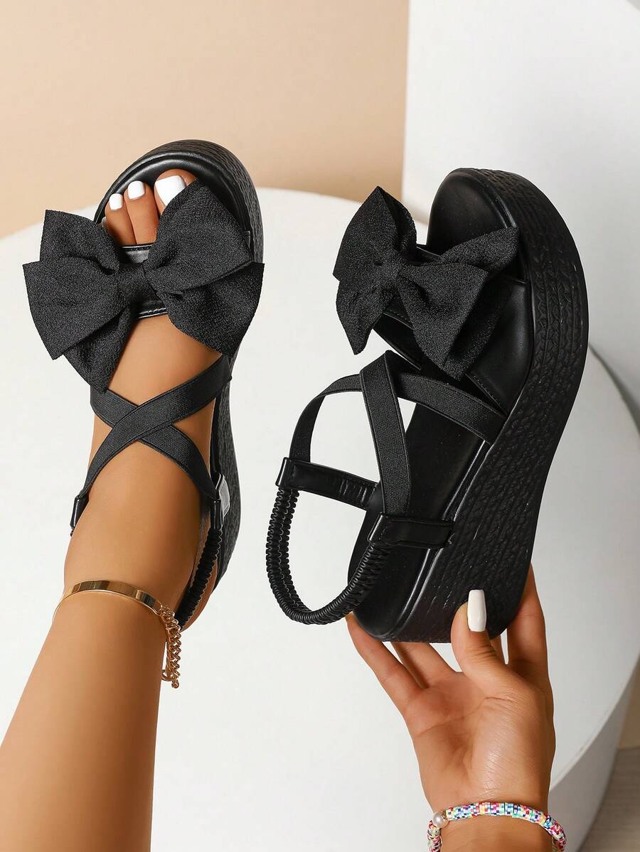 Women's Summer Sweet Bow Cross Elastic Wedge Sandals, Thick Sole, Polyurethane Lightweight Bottom, Versatile Elegant Style For Daily Wear And Vacation