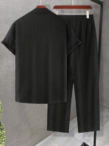 Men's Casual Summer Suit, Simple And Solid Men's Shirt Suit, Casual Short-Sleeved Shirt With Striped Buttons And Elastic Waist Trousers, Suitable For Vacation, Casual Wear, Daily Wear, Suitable As A Gift For Family, Boyfriend, Husband. - 黑色 - 查看 4