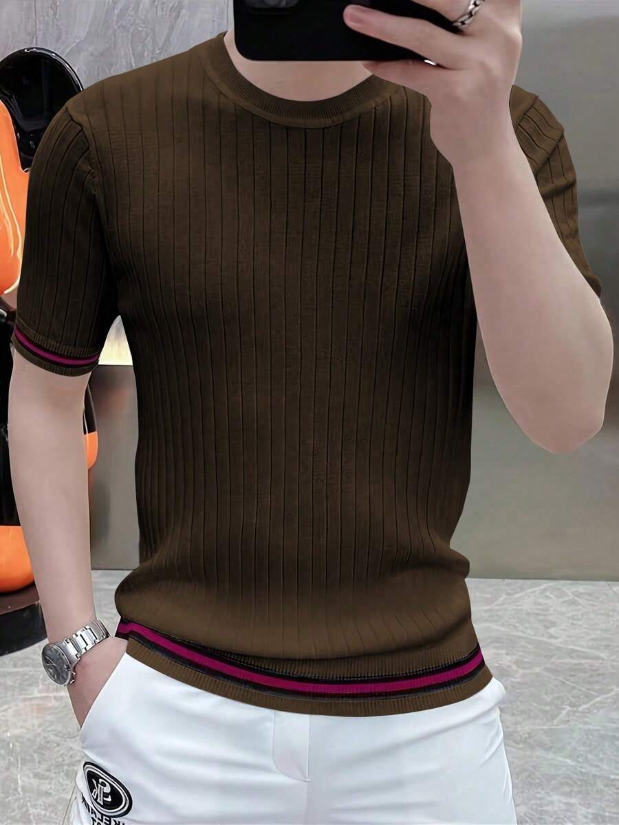 Men's White Short - Sleeve Knitted Crew Neck T - Shirt – Vertical Ribbed Pattern Design – Red And Black Striped Trim On Cuffs And Hem – Comfortable And Stylish For Daily Casual Wear