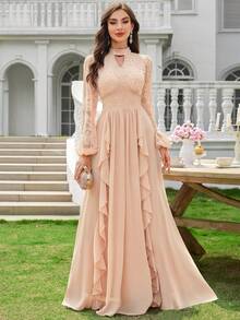 MIUSOL Robe longue de soirée formelle ajustée avec encolure ajourée en dentelle, manches lanternes et ourlet à volants, élégante robe de soirée pour femmes, convient pour les fêtes formelles, les cérémonies de remise de diplômes - Champagne - Voir 4