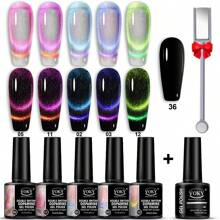 5pcs Sparkling Cat's Eye Nail Gel Set + 7ml Black Base With Magnetic Strips, High-Density Broken Fairy Stone Polarized Fine Sparkling Cat's Eye Relaxation Gel DIY Nail Gel Set