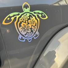 Sea Turtle Hibiscus Flower Car Sticker, Vinyl Die-Cut Floral Turtle Decal For Car Truck Window Laptop, Cute Car Decor Accessories