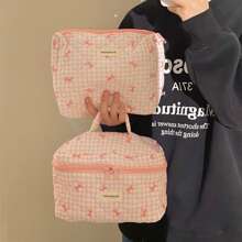 1pc SML Korean Style Plaid Bow Makeup Bag, Large Capacity Portable Travel Toiletry Organizer