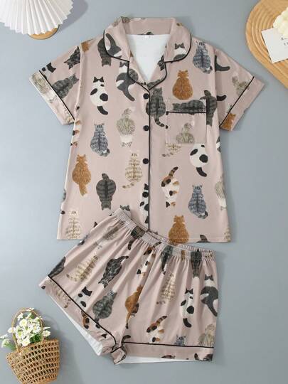 Set de 2 piezas de pijama de verano, top de manga corta con cuello polo y botones, y shorts con cintura elástica, con estampado de gato de dibujos animados, cómodo y holgado, apto para todas las estaciones