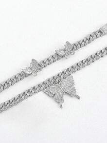 蝴蝶链首饰套装，包含链项链、水钻蝴蝶吊坠项链、水钻蝴蝶手链、大耳环、闪亮耳环、戒指套装、闪亮派对配饰 - 蝴蝶首飾 - 查看 5