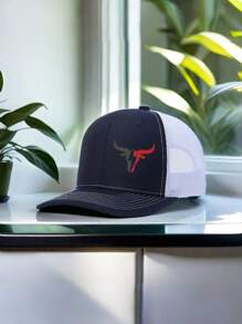 1pc Men's Patchwork Ox Print Adjustable Baseball Cap, Breathable Mesh Outdoor Riding Fishing Sun Protection Hat