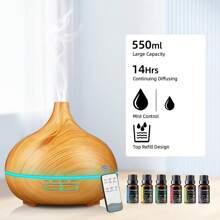Wood Grain Aroma Diffuser  Remote Control, Timer & 6 Oil Set  550ml Cool Mist Humidifier