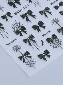 5D 万圣节蝴蝶结蜘蛛网指甲贴纸 2 件黑白蝙蝠蜘蛛网秋冬节日设计 DIY Y2K 自粘凝胶抛光贴花滑块沙龙美甲装饰配件美甲用品