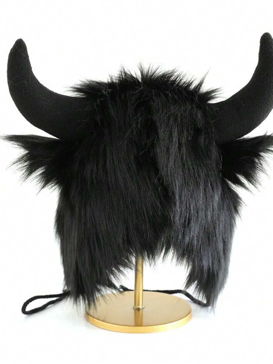 1pc Unisex Classic Fluffy Horns Protective Ear Beanie, Funny For Halloween, Warm Thick Knitted Hat For Winter, Autumn/Winter - Horns - View 1