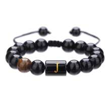1pc Natural Black Agate 26 Letter Beaded Adjustable Braided Bracelet, Suitable For Various Occasions Like Festivals, Sports, Casual, Business Wear