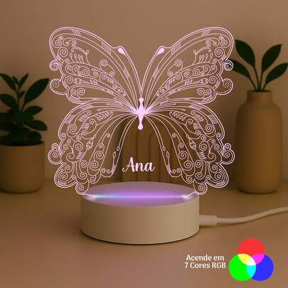 Luminária LED 7 cores RGB Borboleta Personalizado - Presente, Criança, Decoração Quarto, Abajur ALTA QUALIDADE