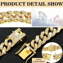 Sparkling Rhinestone 13mm Dog Cuban Chain Collar - Geometric Pattern Zinc Alloy Double Locking Design, Easy-Clean Pet Collar For Small To Medium Dogs, Secure Dog Necklace | Geometric Pattern Collar | Pet Jewelry