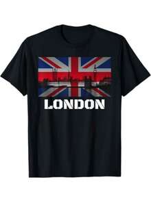 1pcs Men's Casual Round Neck Short Sleeve T Shirt London Skyline UK Flag Print 220g Heavy T Shirt British Souvenir 100% Cotton Digital Print Tee Stylish Summer - 黑色 - 查看 1