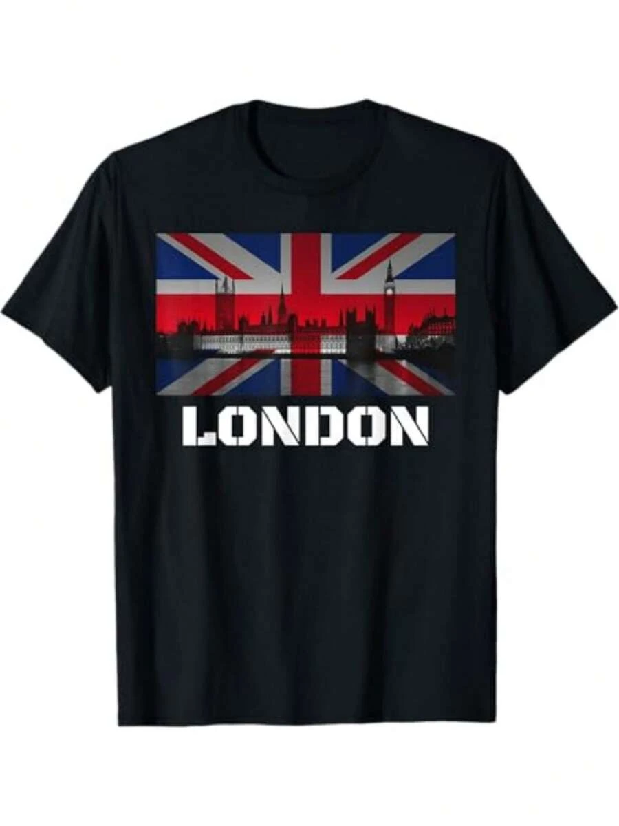 1pcs Men's Casual Round Neck Short Sleeve T Shirt London Skyline UK Flag Print 220g Heavy T Shirt British Souvenir 100% Cotton Digital Print Tee Stylish Summer - 黑色 - 查看 1