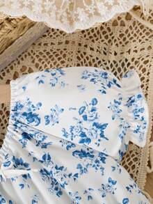 Rochie elegantă retro cu imprimeu floral și volane, pentru fete tinere, cu mânecă scurtă, model patchwork, linie A, stil prințesă - alb - Vizualizare 5