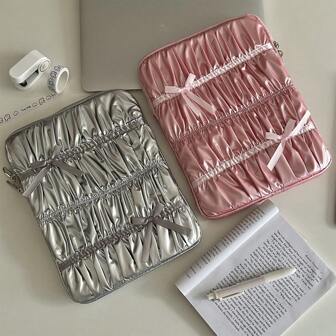 1 件韩国设计师公主褶蝴蝶结银粉色电脑包，适合 10-15.6 英寸，用于学校用品，返校