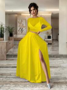 Conjunto Crop Top con Mangas Transparentes y Falda Larga con Abertura en Pierna para Mujer - Amarillo - Ver 2