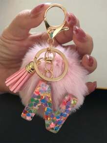 1 Pç Chaveiro de Pelúcia com Letra Inicial do Alfabeto, Chaveiro de Pelúcia com Pompom, Pingente para Bolsa, Mochila, Pingente para Carro, Presente para Mulheres e Meninas, Chaveiro de Resina com Lantejoulas, Acessórios para Carteira e Bolsa, Chaveiro com Borlas, Letra Inicial do Alfabeto A-Y, Escola