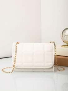 1pc Quilted Plaid Flap Shoulder Bag With Mini Metal Chain, Stitched Mini Crossbody Bag