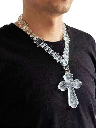 Collar con colgante de cruz y cadena acrílica transparente multicolor, joyería de estilo diario única para hombres