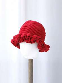 1 件纯色手工编织钩针帽,波西米亚风格褶皱软边帽,带褶边,休闲可爱复古街头时尚涤纶针织渔夫帽 - 彩色 - 查看 16