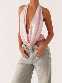 Womens Y2k Halter Top Sequin Sparkly Cowl Neck Tank Tops Sleeveless Backless Glitter Camisole Going Out - Hồng - Xem 3