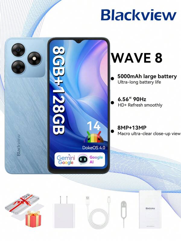 Blackview WAVE 8 Unlocked CellPhone(2025 New),12GB(4+8Expand)RAM+128GB ROM/2TB Expand Android Phone, Android 14 Smart AI, 5000mAh Battery 18W Fast Charge, 6.52"HD+ Display, 3 Card Slots, Face Unlock For US Summer Tech Boost