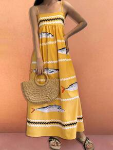 海洋星光夏季时尚休闲度假女式热带鱼闪电线印花挂脖长裙女士早午餐装 - 黃色 - 查看 2