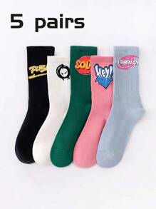 5 Pairs Unisex Mixed Color Letter Pattern Mid-Calf Socks, Streetwear Socks Suitable For Daily Wear