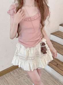 粉色甜美少女风圆领荷叶边蝴蝶结装饰T恤，可爱街头风修身短袖女式上衣，腰部褶裥设计