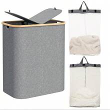 Set di cesti portaoggetti per il bucato di grandi dimensioni, pieghevole con coperchio, con manico, con borsa interna rimovibile, cesto portabiancheria con manico in bambù, adatto per dormitori, camere da letto, bagni, organizzazione dello spazio, forma rettangolare, cesto per il bucato