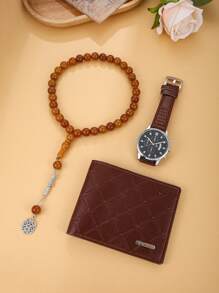 3pcs Classic Casual Men's Watch, Beads Bracelet, And Wallet Gift Set - Perfect Gift For Father, Husband, Boyfriend To Express Love And Care, Cherish Wonderful Moments