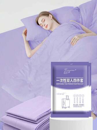 Estancia en un hotel, juego desechable de cuatro piezas agrandado y ensanchado, juego de cuatro piezas blanco, sábanas y fundas de almohada desechables sin lavado, artículos de viaje limpios e higiénicos, sábanas y cubiertas de edredón