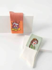 5 Pairs Unisex Assorted Color Cartoon Pattern Mid-Calf Fashionable Socks, Suitable For Daily Wear, Perfect Gift For Family And Friends