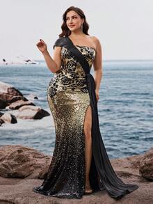 Elisanya Shiny Sequin Patchwork High Slit Zipper Formal Evening Gown