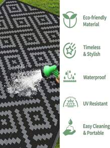 1pc Reversible Waterproof Outdoor Rug, Anti-Aging Outdoor Carpet For Outdoor Track/Path, Yard, Camping, RV, Patio, Deck, Beach (Black And Gray)