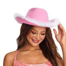 Womens Cowboy Hat, Adult Solid Color Furry Trim Wide Brim Hat Female Cap For Dating Party - Pink and White Feathers - View 4