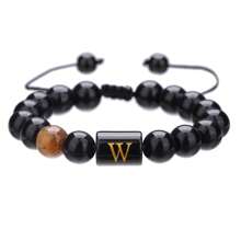 1pc Natural Black Agate 26 Letter Beaded Adjustable Braided Bracelet, Suitable For Various Occasions Like Festivals, Sports, Casual, Business Wear