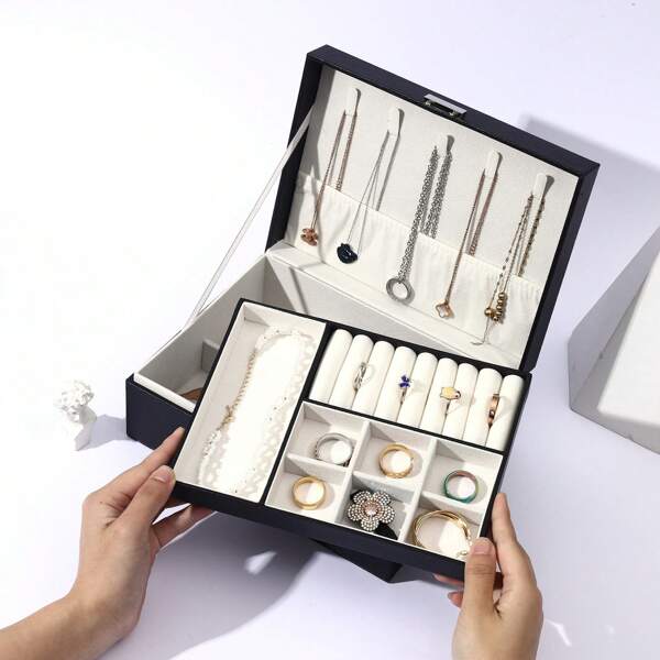 1-Piece Korean Style Leather Jewelry Box - Multi-Layer Earring/Necklace Organizer With Adjustable Compartments, Compact Jewelry Storage Case For Bracelets/Rings (Gift Ready, Available In Black/Red/White) For Women Storage Organizer Travel Essentials Father Gift