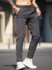 Pantalones informales entallados de unicolor con bolsillo, estilo de commuter para hombre - Gris Oscuro - Ver 4