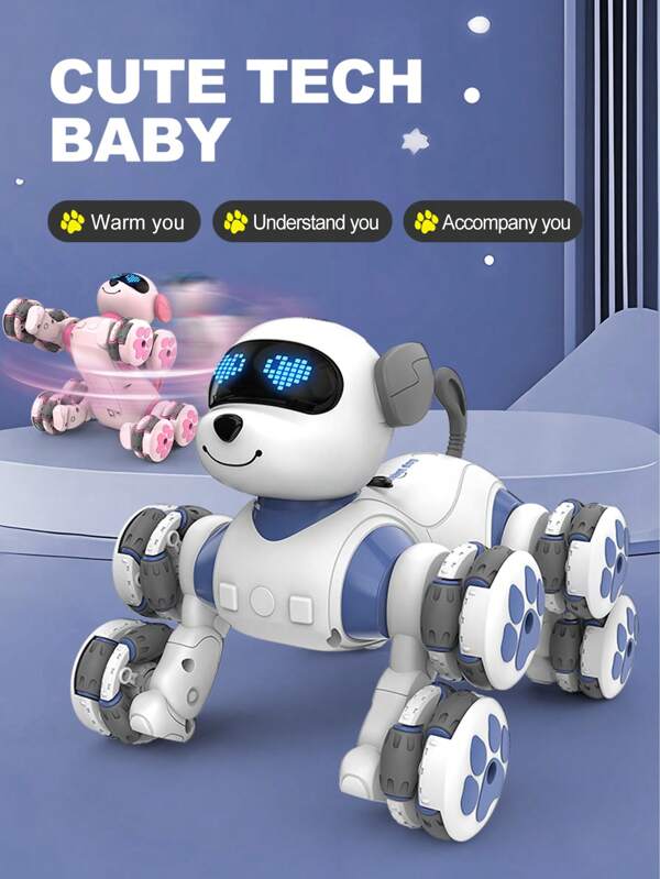 NEUSNEY Electric Remote Control Robotic Dog Intelligent Wheel Stunt Dog Toy, Programming Voice Control Electronic Pet Toy With Touch Sensor, Tricks, Lights, Music, Stories, Interactive Game, Gift For Boys And Girls, Accessories Included Randomly, Excluding Regular Batteries