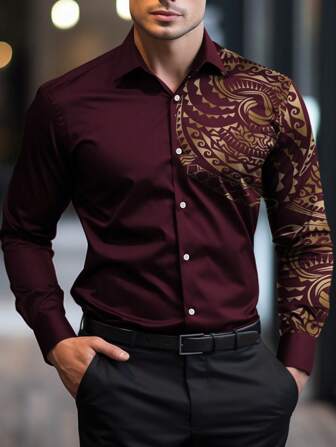Men's Totem Patchwork Burgundy Casual Shirt, Retro Fashion Stylish Long Sleeve Shirt