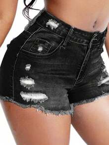 Mid-Waist Skinny Stretch Shorts - Distressed Frayed Hem, Showcasing Fashionable Style - Dark Grey - View 4